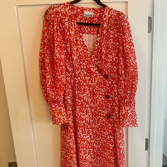 Ganni | Dresses | Ganni Printed Crepe Midi Dress In Orange Mini Floral ...